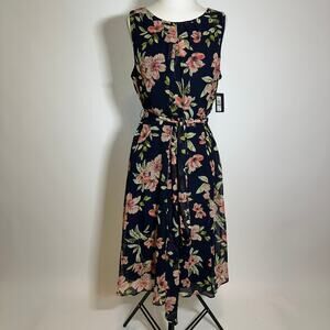 JH Collections Navy Blue Floral Sleeveless Tie Belt Midi Dress Womens 12